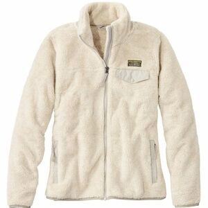 L.L. Bean Hi Pile Fleece Full Zip Jacket Small Cream Grey Trim
